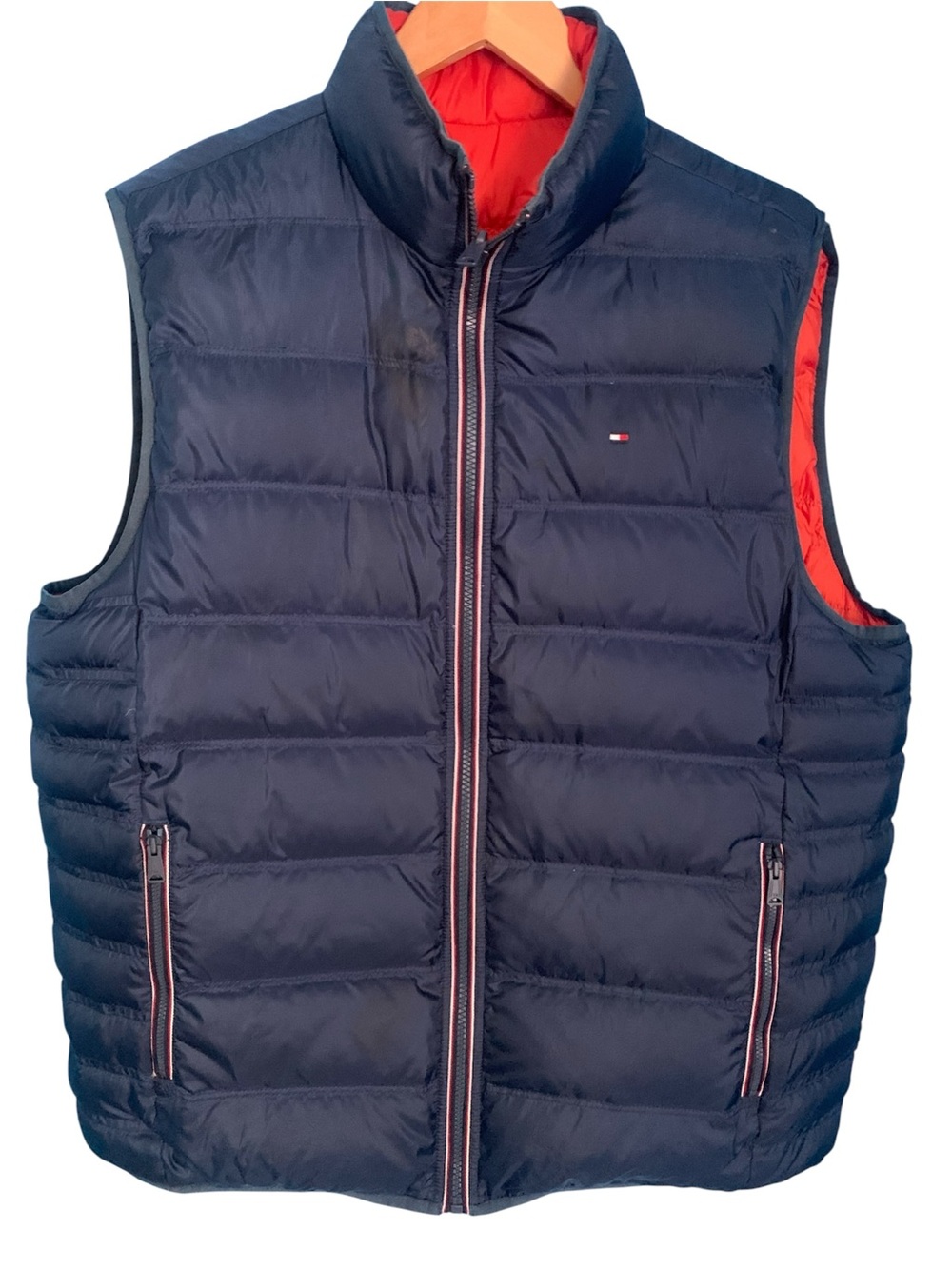 Men’s Tommy Hilfiger Reversible Down Puffer Vest Navy Orange Size L